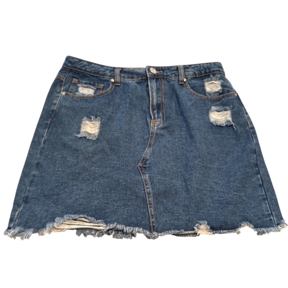NWT Iris Jeans Distressed Denim Mini Skirt Raw Hem Size L Grunge‎ Retro